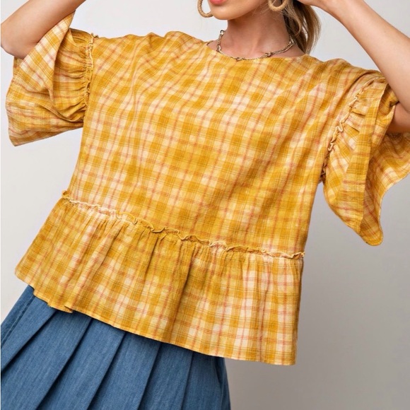 easel Tops - Easel Mustard Plaid Ruffle Sleeve Top